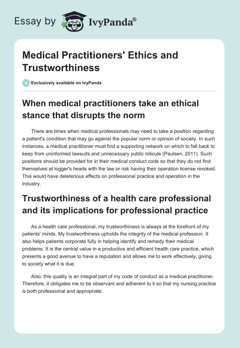Medical Practitioners' Ethics and Trustworthiness. Page 1
