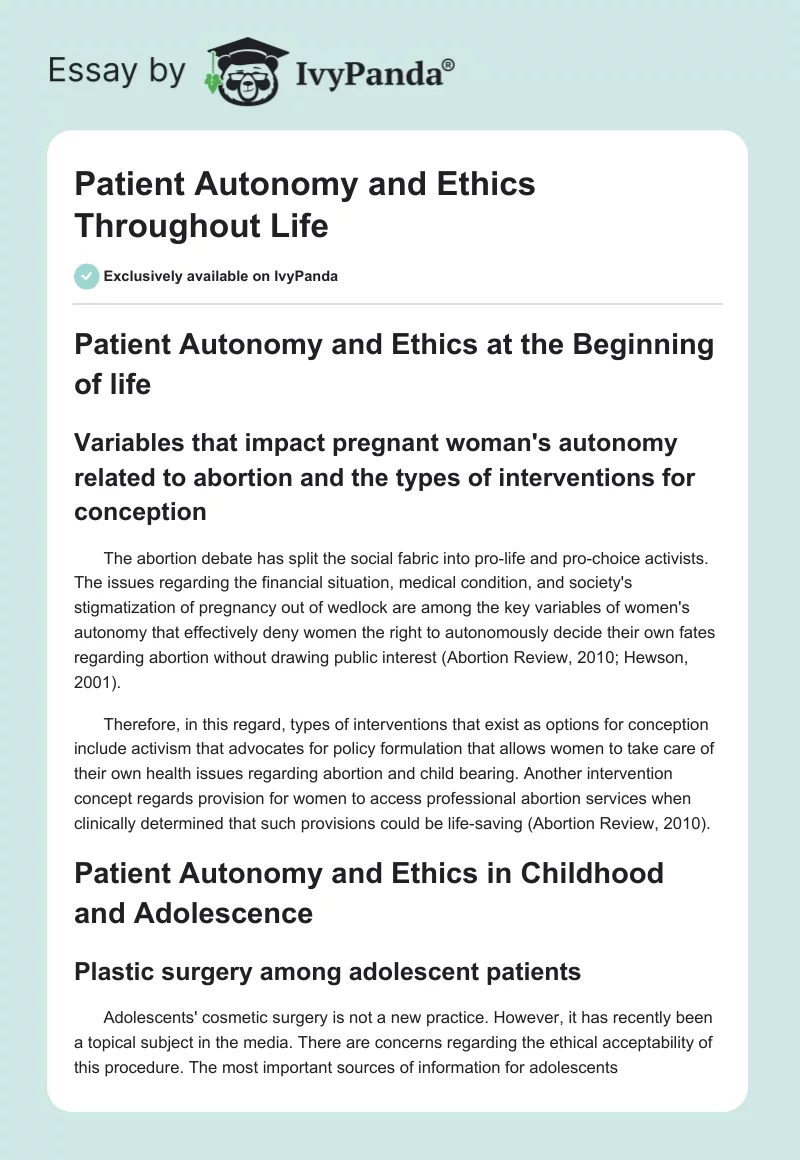 Patient Autonomy and Ethics Throughout Life. Page 1