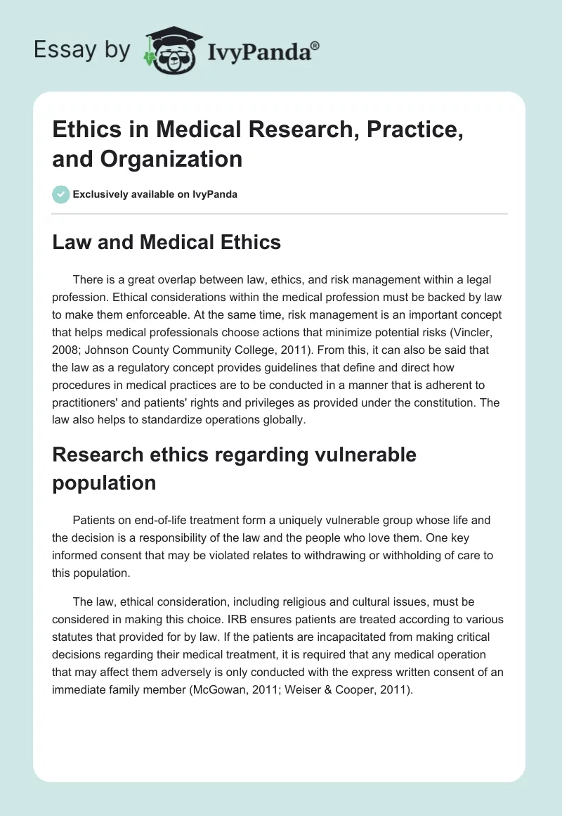 Ethics in Medical Research, Practice, and Organization. Page 1