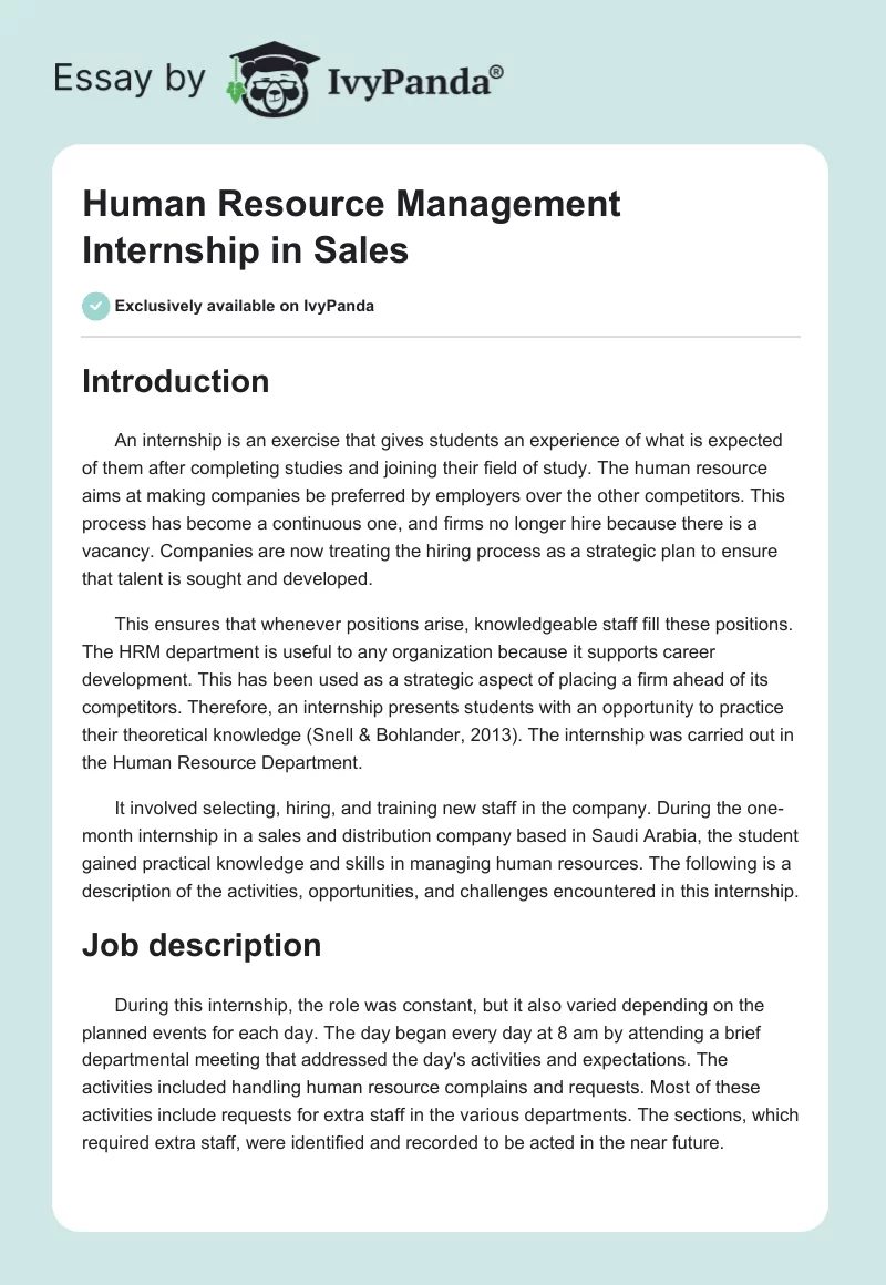Human Resource Management Internship in Sales. Page 1