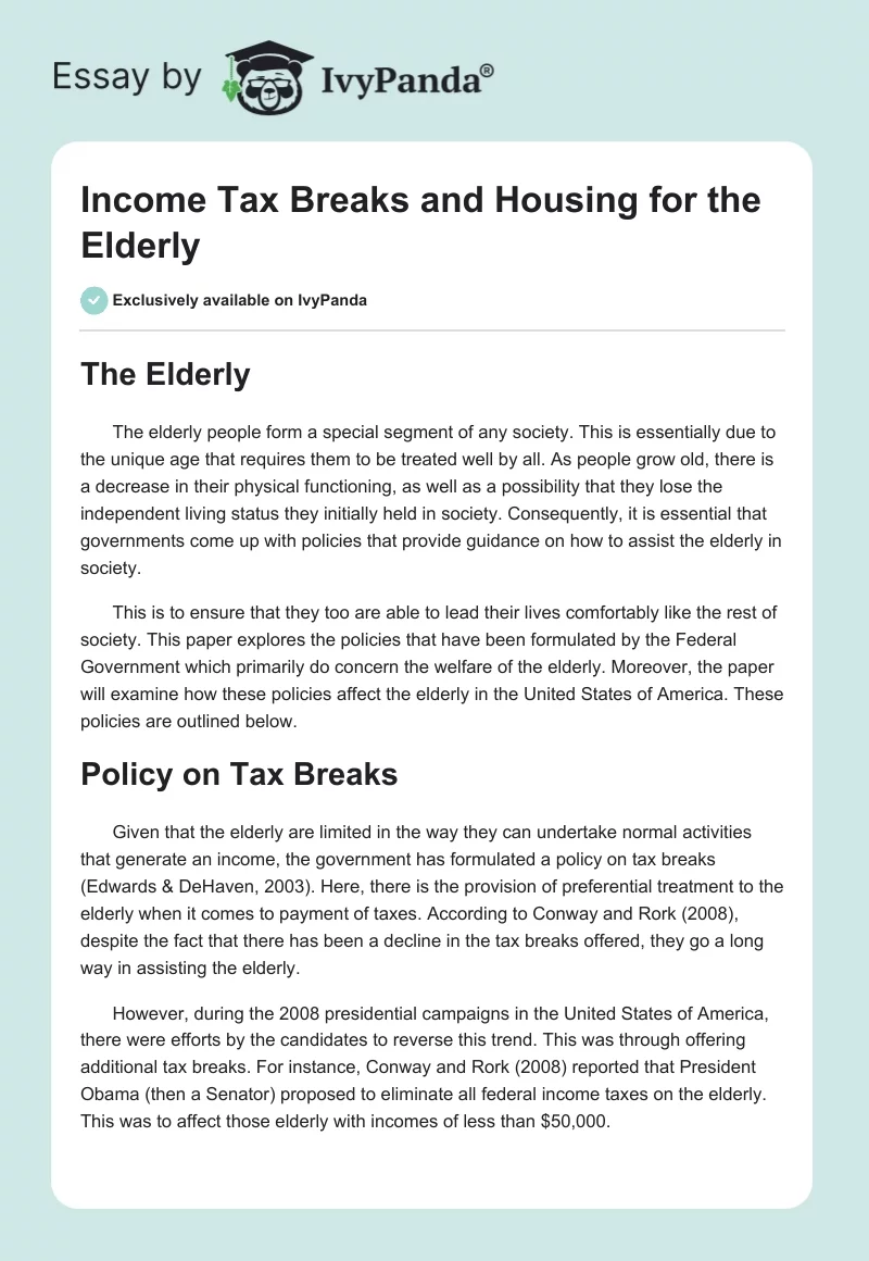 Income Tax Breaks and Housing for the Elderly. Page 1