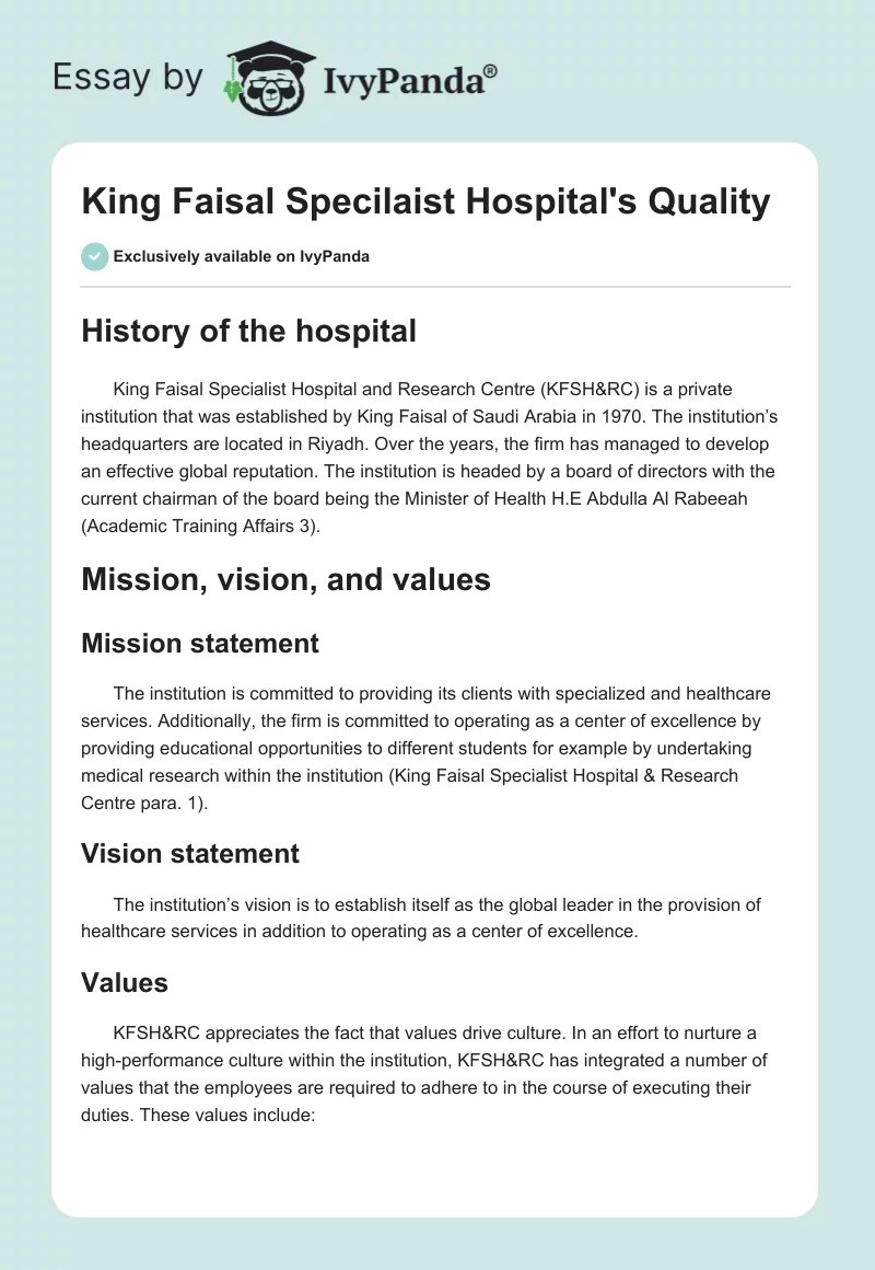 King Faisal Specilaist Hospital's Quality. Page 1
