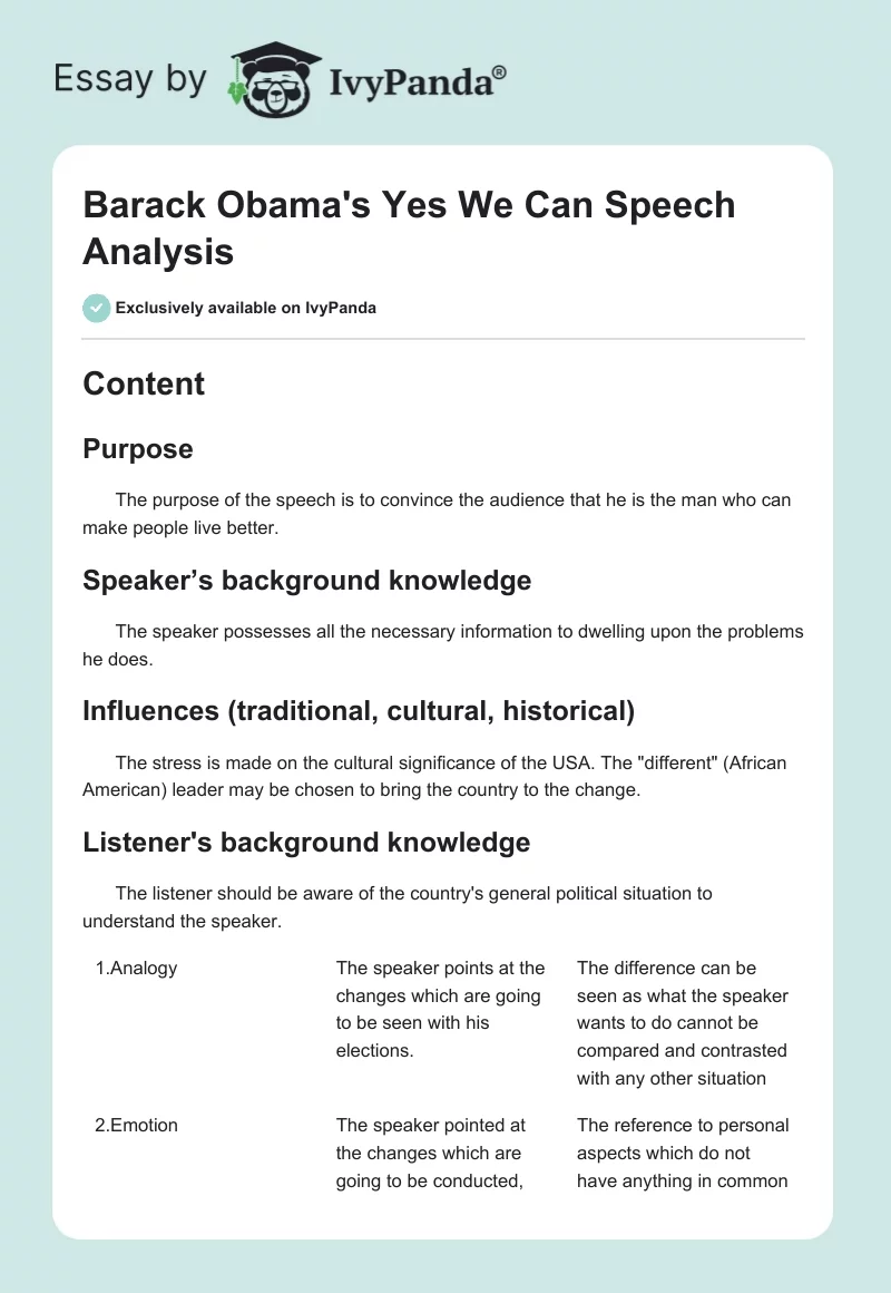 Barack Obama's "Yes We Can" Speech Analysis. Page 1