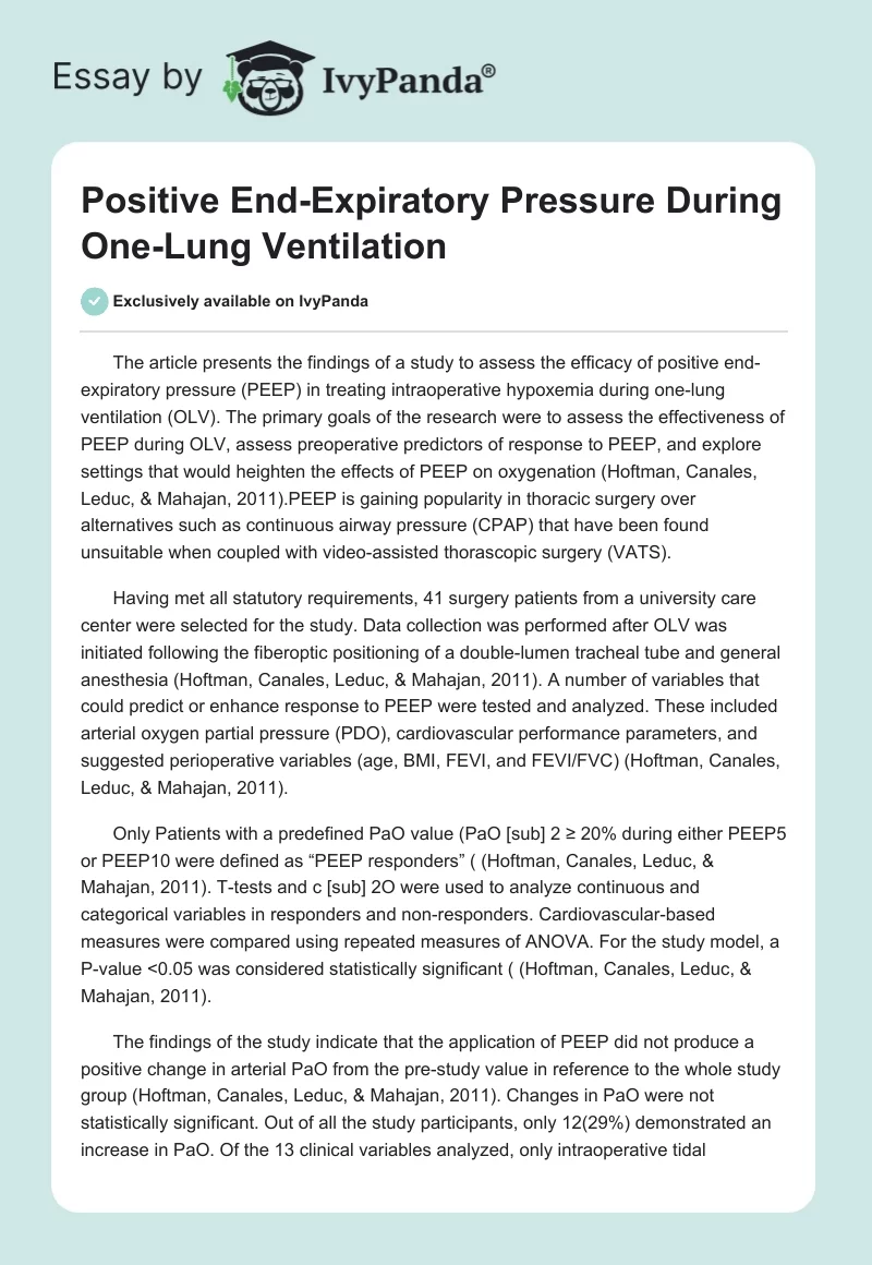 Positive End-Expiratory Pressure During One-Lung Ventilation. Page 1