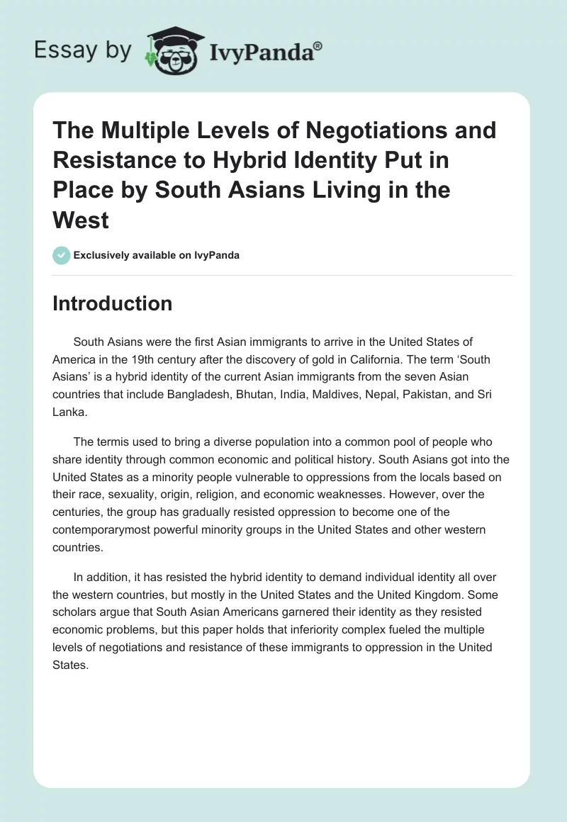 The Multiple Levels of Negotiations and Resistance to Hybrid Identity Put in Place by South Asians Living in the West. Page 1