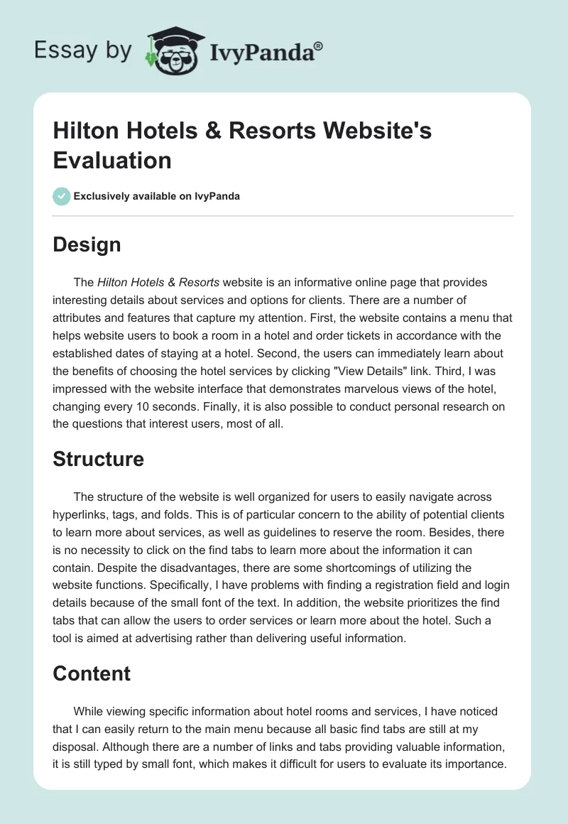 Hilton Hotels & Resorts Website's Evaluation. Page 1