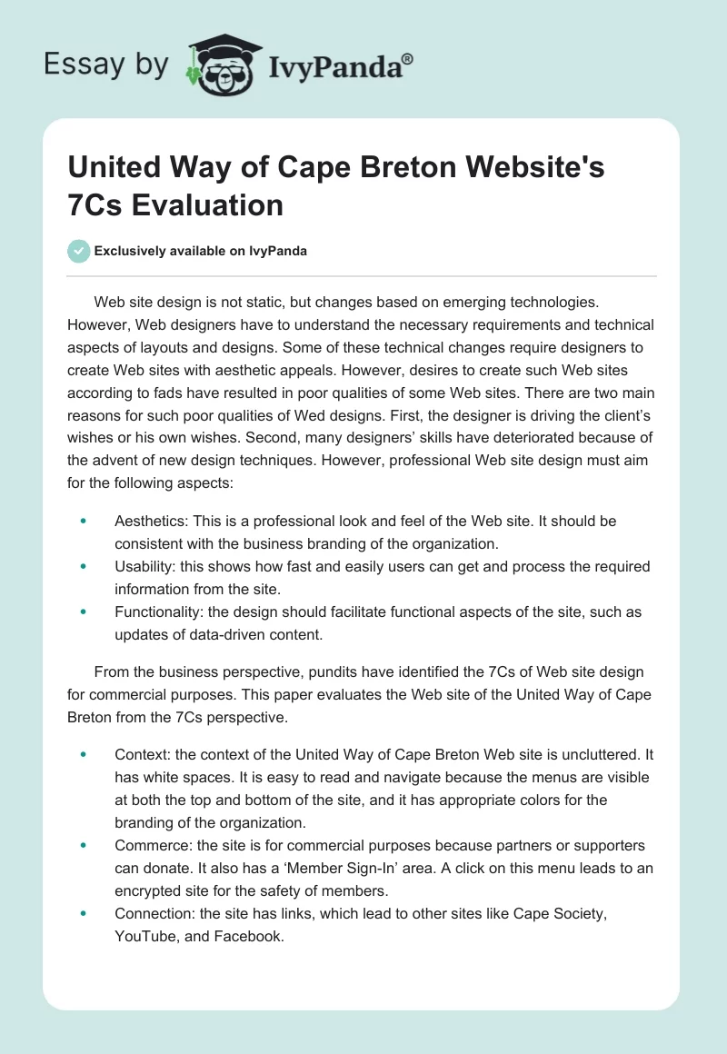 United Way of Cape Breton Website's 7Cs Evaluation. Page 1