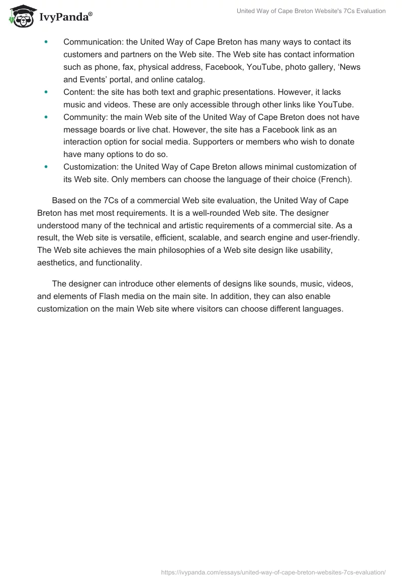 United Way of Cape Breton Website's 7Cs Evaluation. Page 2