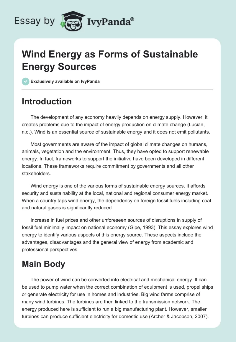 Wind Energy as Forms of Sustainable Energy Sources. Page 1