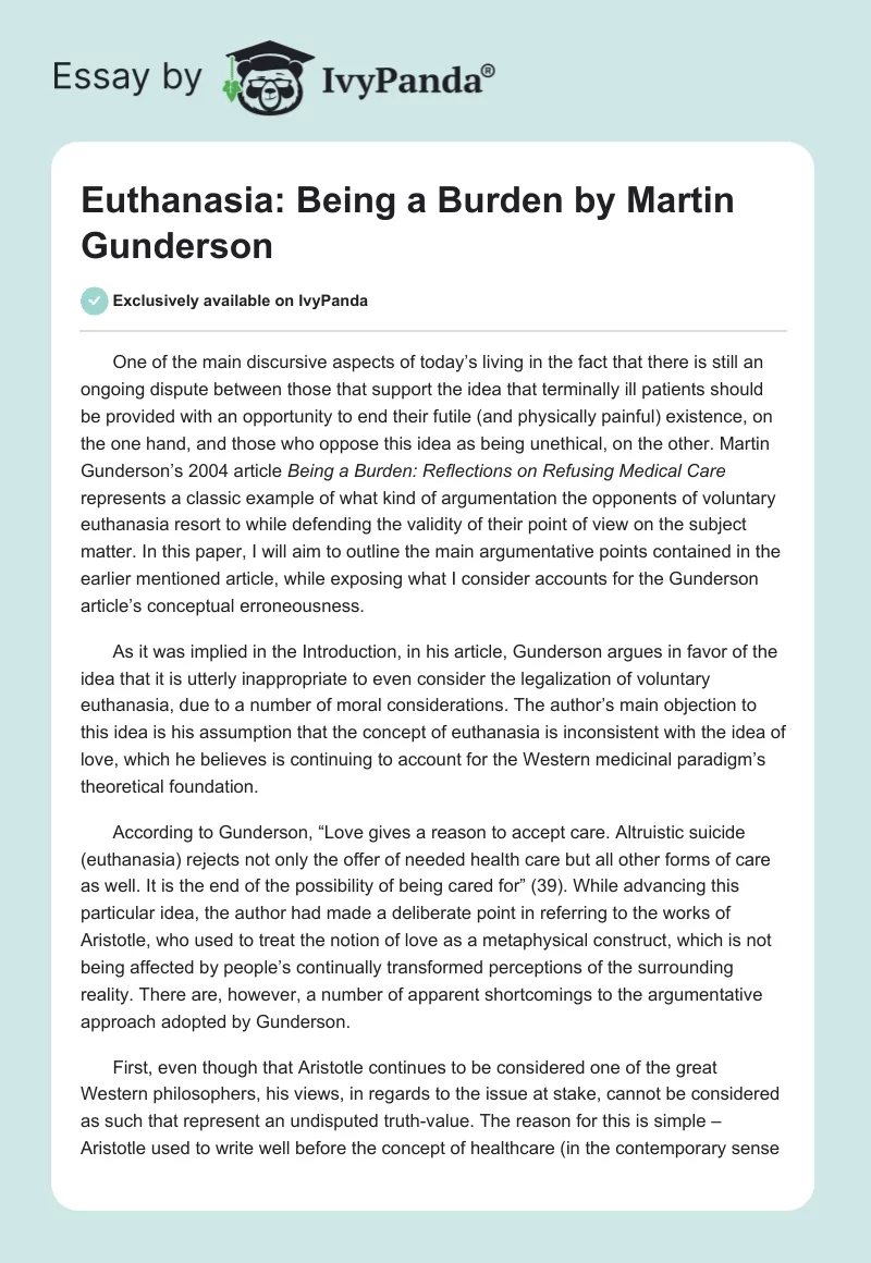 Euthanasia: "Being a Burden" by Martin Gunderson. Page 1