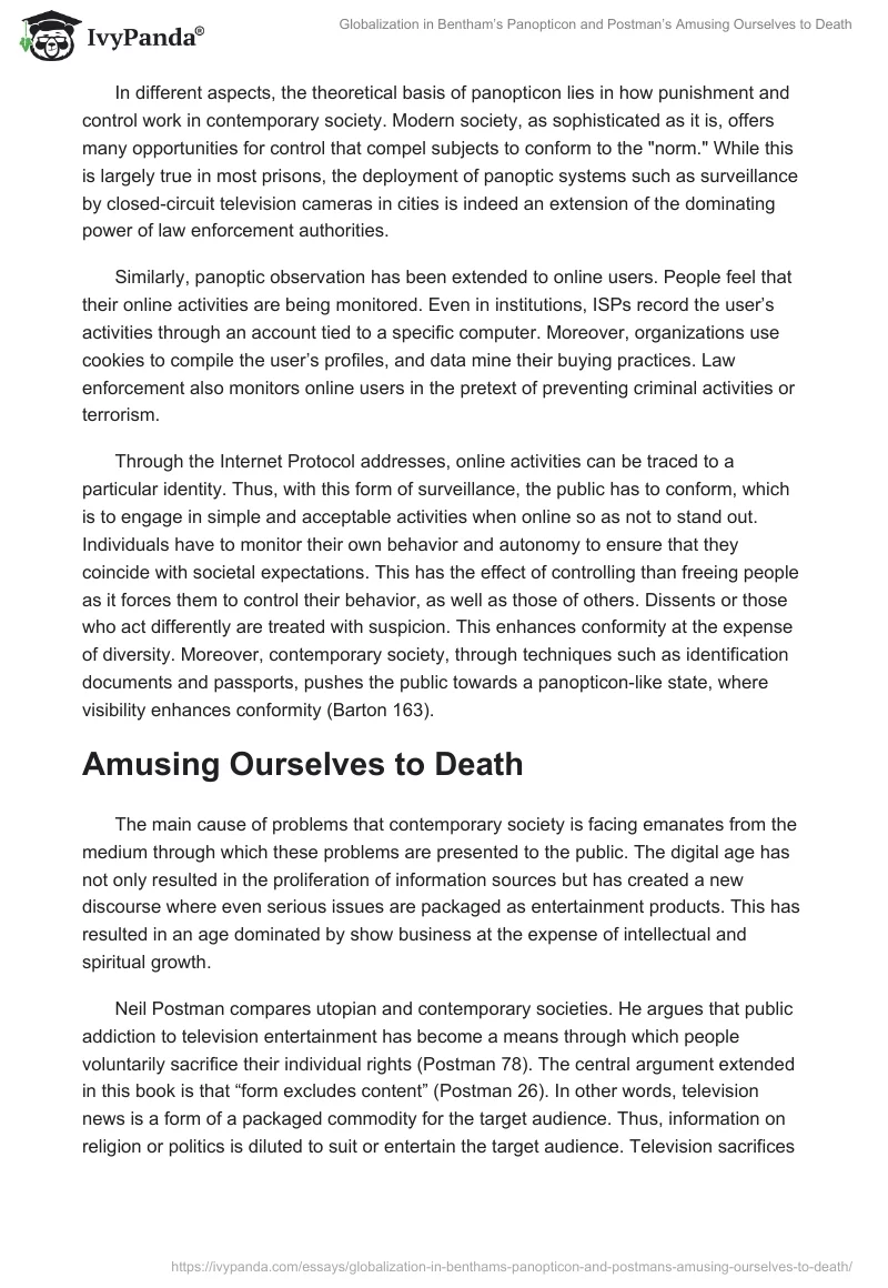 Globalization in Bentham’s Panopticon and Postman’s "Amusing Ourselves to Death". Page 2