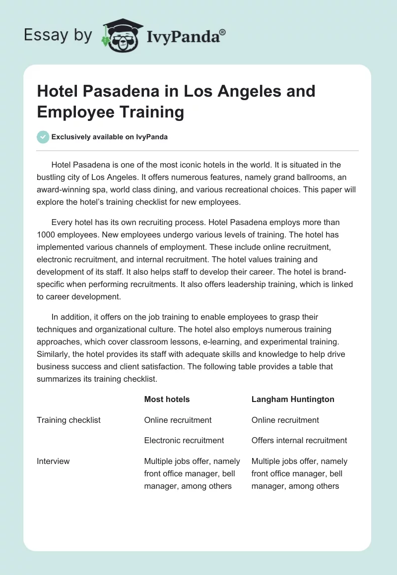 Hotel Pasadena in Los Angeles and Employee Training. Page 1