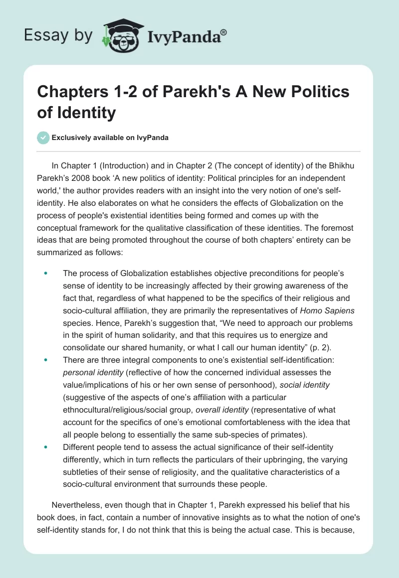 Chapters 1-2 of Parekh's "A New Politics of Identity". Page 1