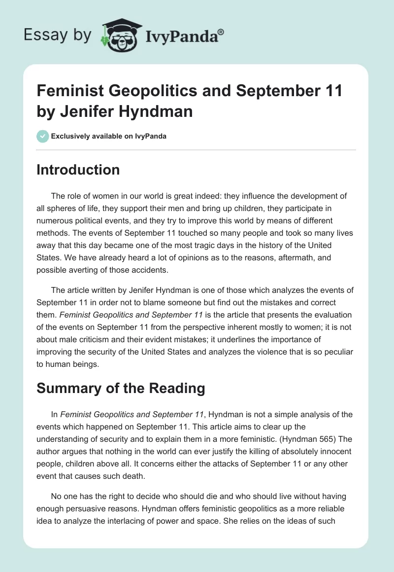"Feminist Geopolitics and September 11" by Jenifer Hyndman. Page 1