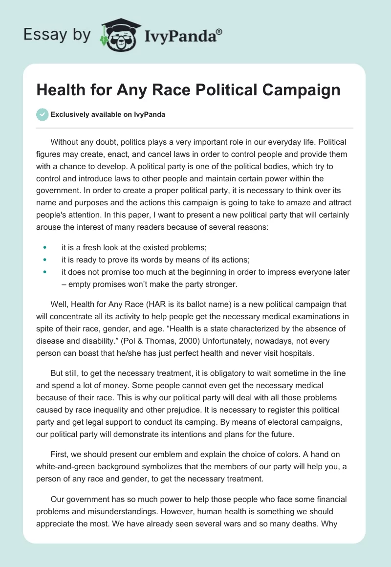 "Health for Any Race" Political Campaign. Page 1