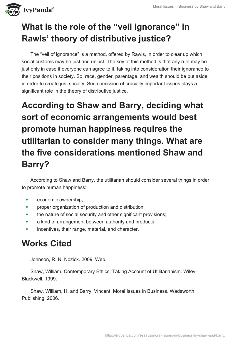 "Moral Issues in Business" by Shaw and Barry. Page 3