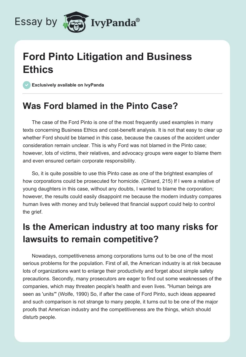 Ford Pinto Litigation and Business Ethics. Page 1
