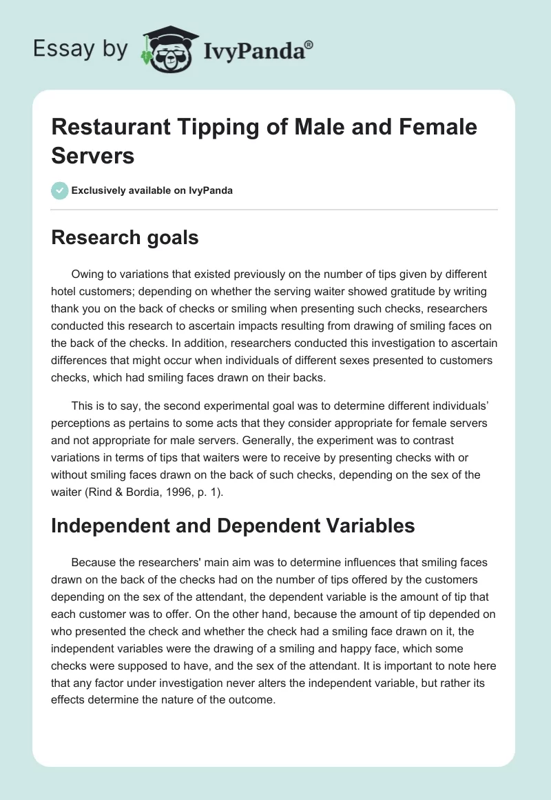 Restaurant Tipping of Male and Female Servers. Page 1