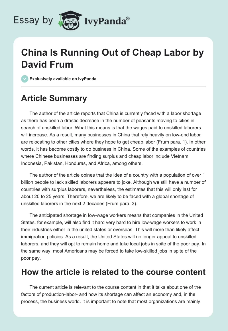 "China Is Running Out of Cheap Labor" by David Frum. Page 1