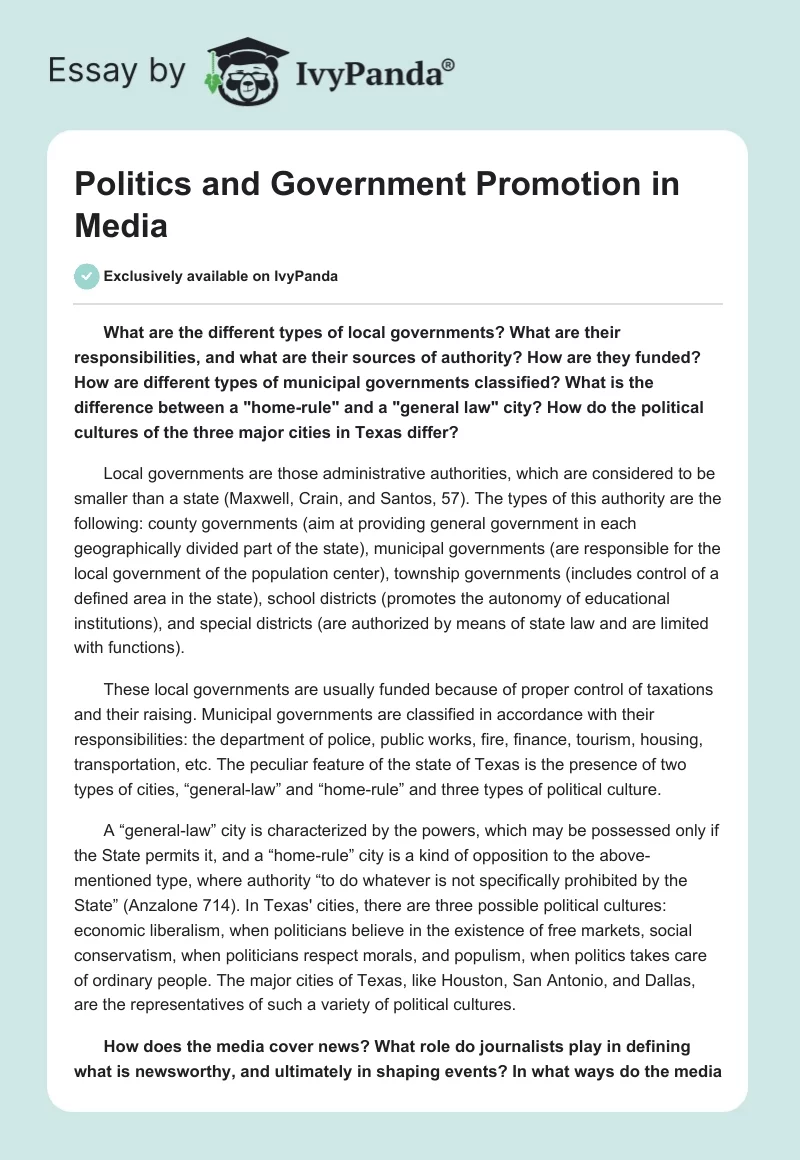 Politics and Government Promotion in Media. Page 1