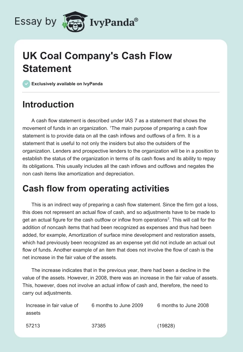 UK Coal Company's Cash Flow Statement. Page 1