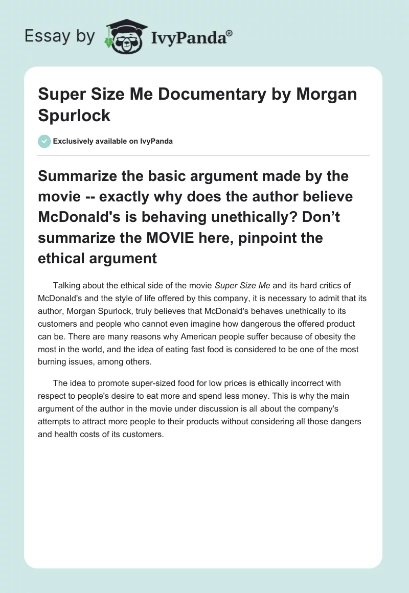 "Super Size Me" Documentary by Morgan Spurlock. Page 1