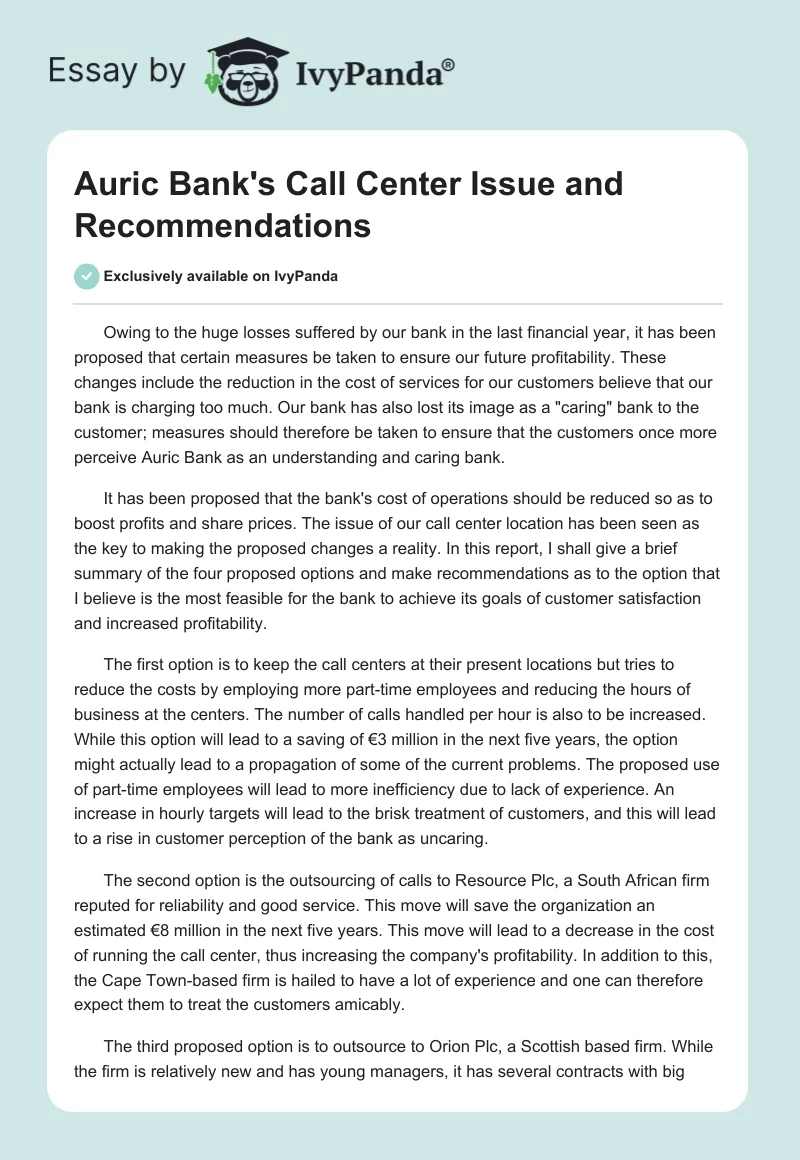 Auric Bank's Call Center Issue and Recommendations. Page 1