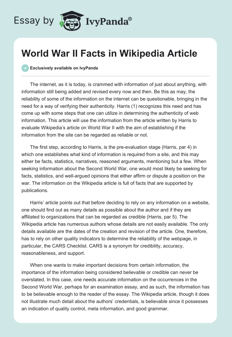 World War II Facts in Wikipedia Article. Page 1