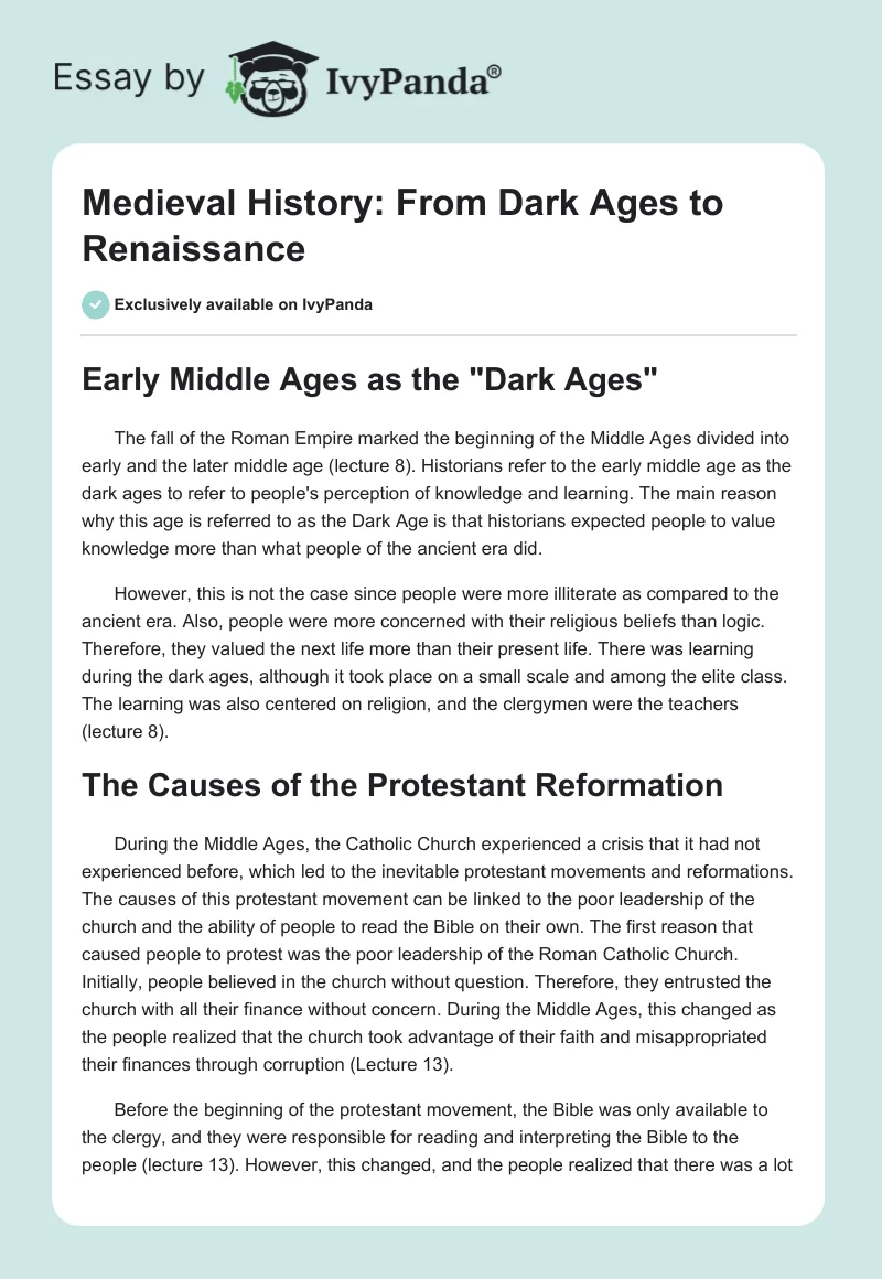Medieval History: From Dark Ages to Renaissance. Page 1