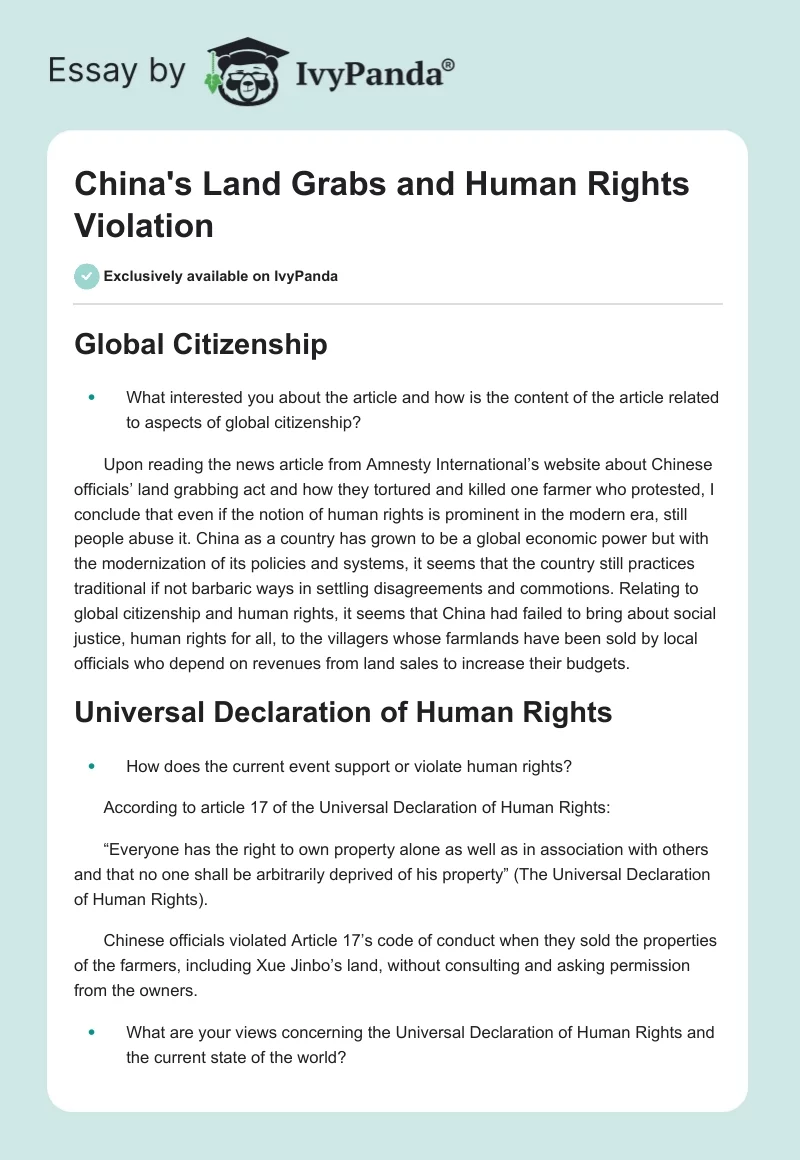 China's Land Grabs and Human Rights Violation. Page 1