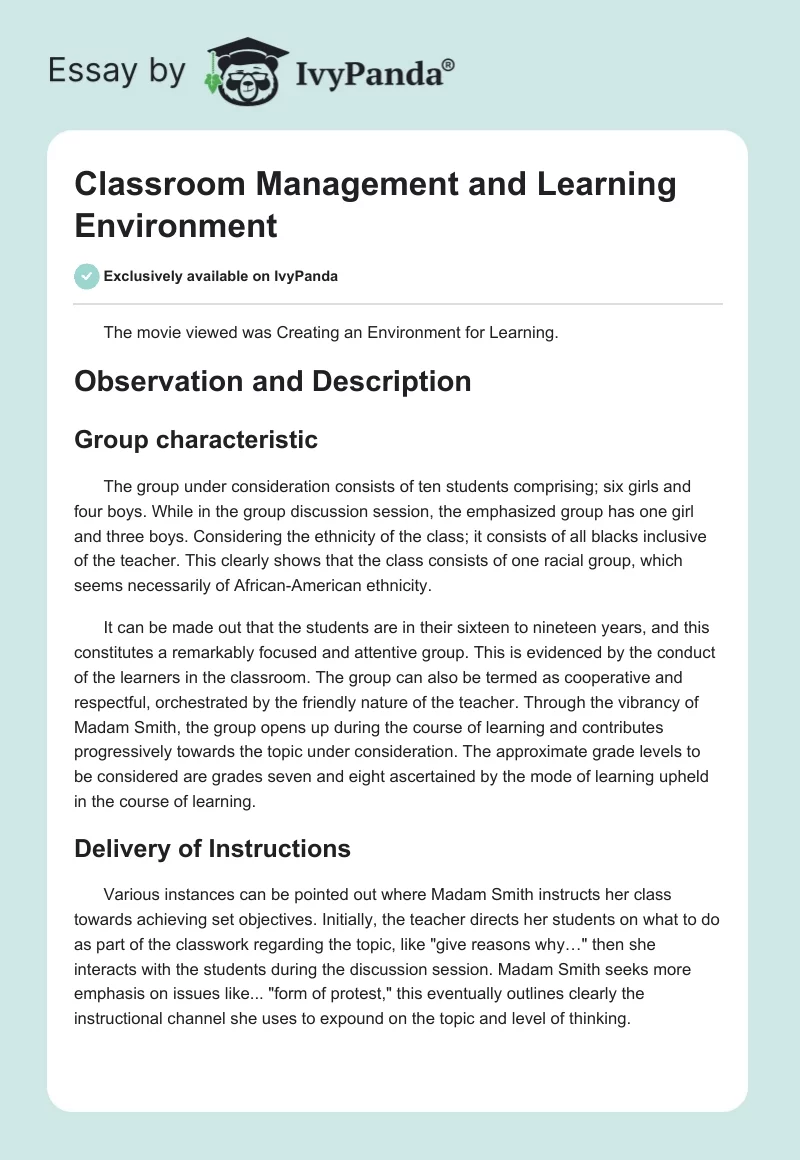 Classroom Management and Learning Environment. Page 1