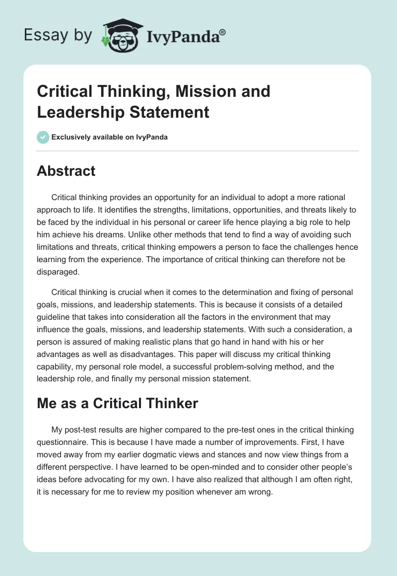 Critical Thinking, Mission and Leadership Statement. Page 1