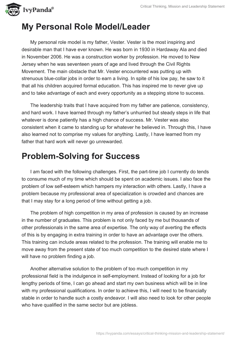 Critical Thinking, Mission and Leadership Statement. Page 2