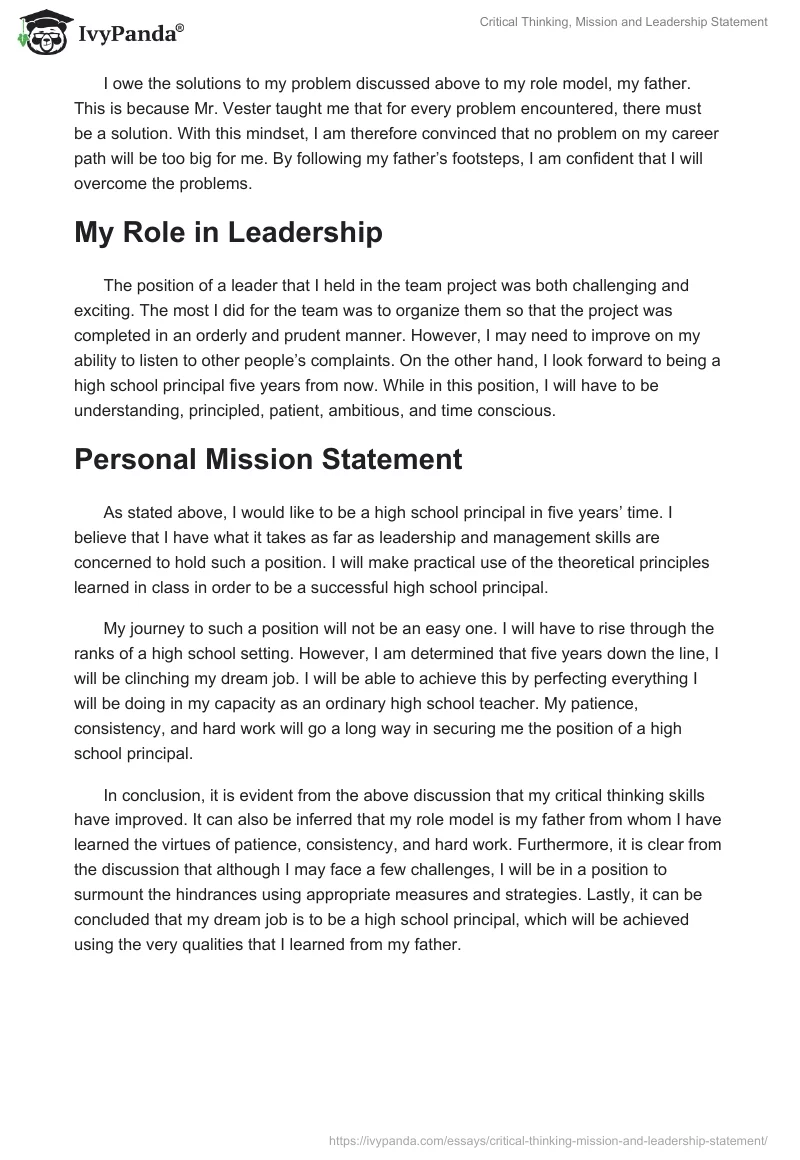 Critical Thinking, Mission and Leadership Statement. Page 3