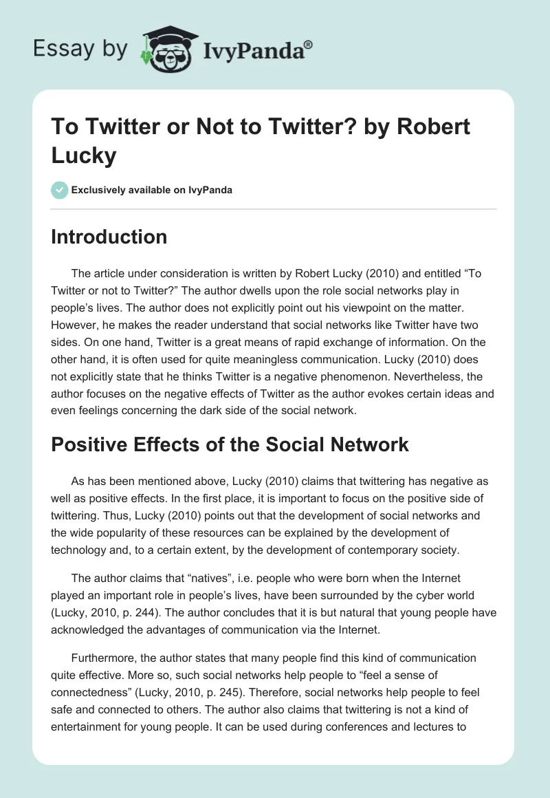 "To Twitter or Not to Twitter?" by Robert Lucky. Page 1