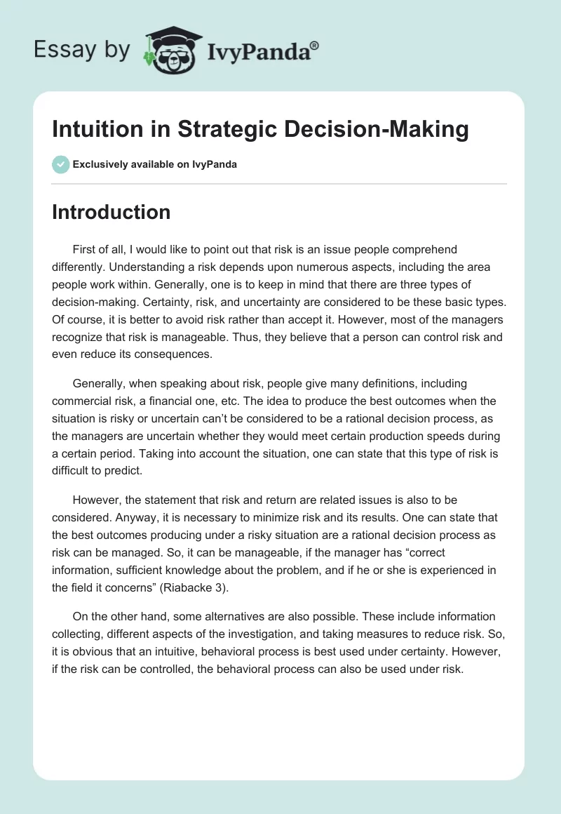 Intuition in Strategic Decision-Making. Page 1