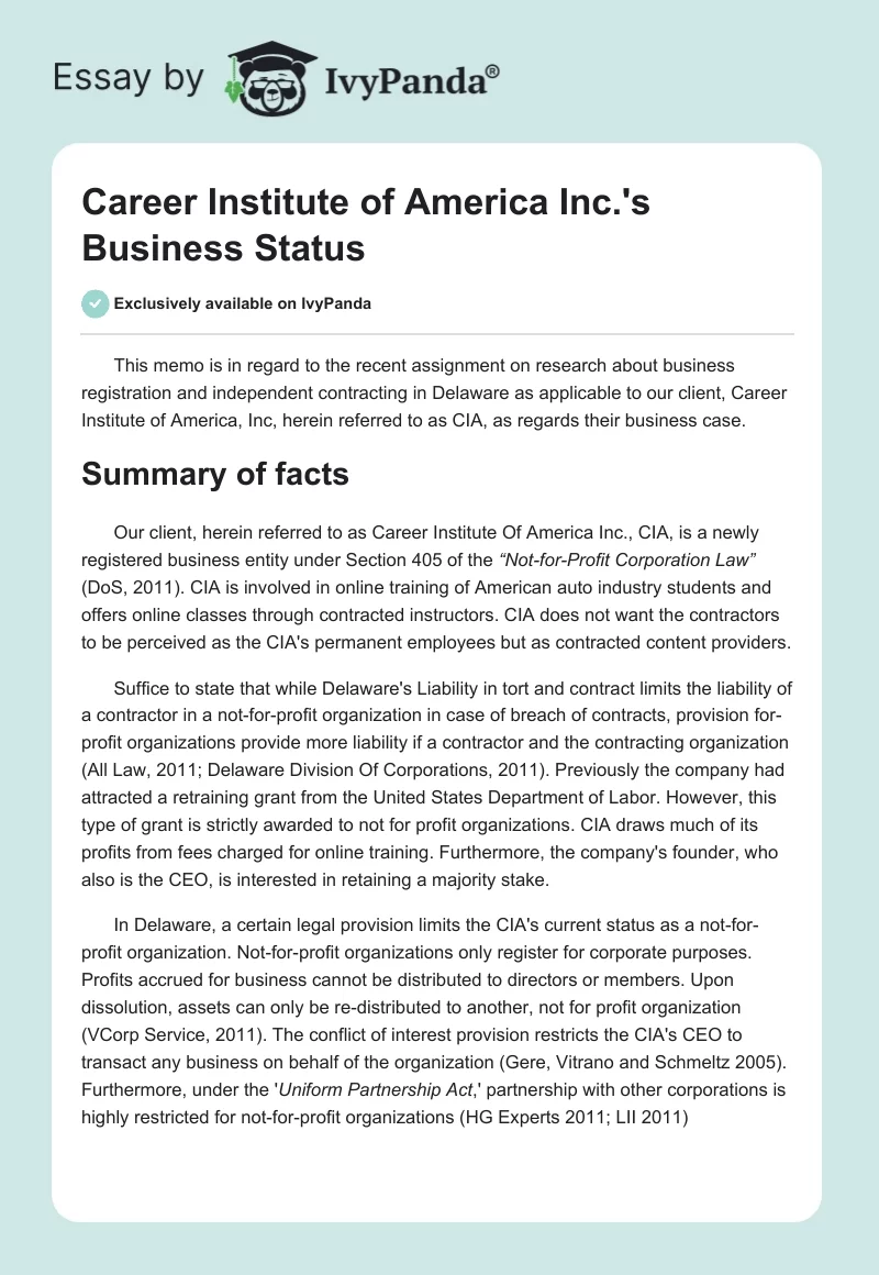 Career Institute of America Inc.'s Business Status. Page 1