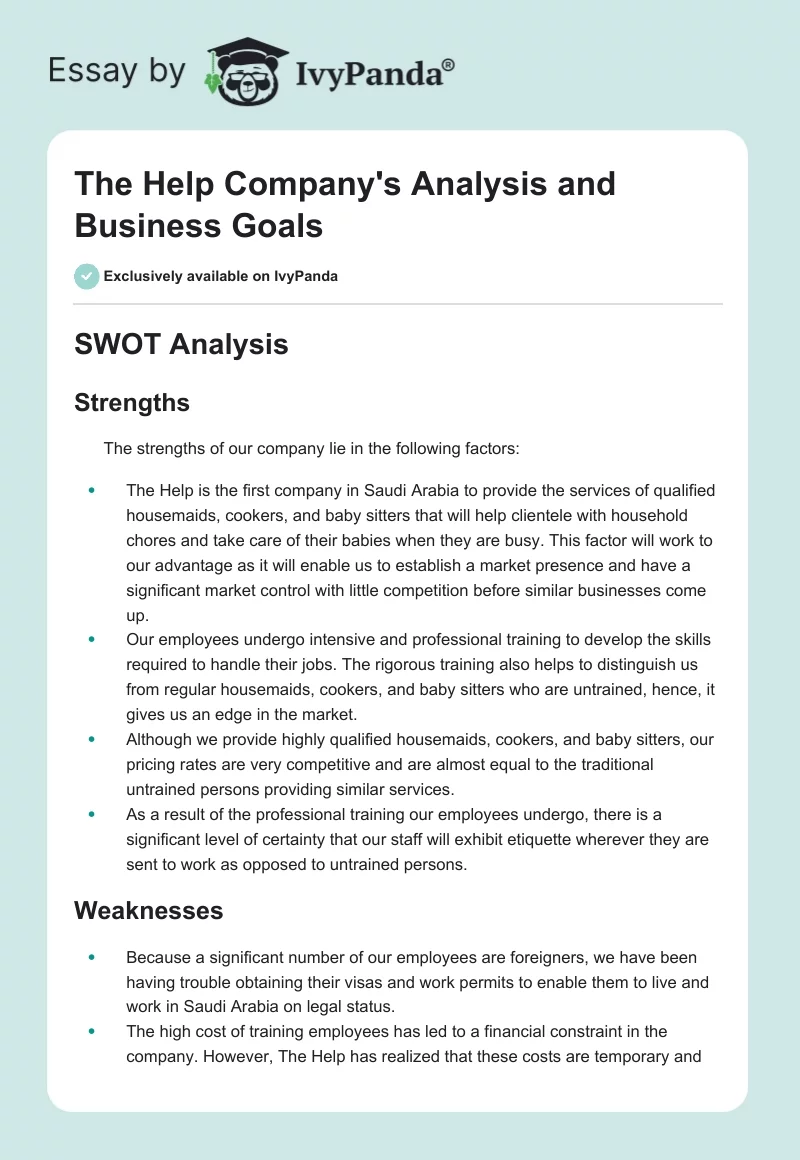 The Help Company's Analysis and Business Goals. Page 1
