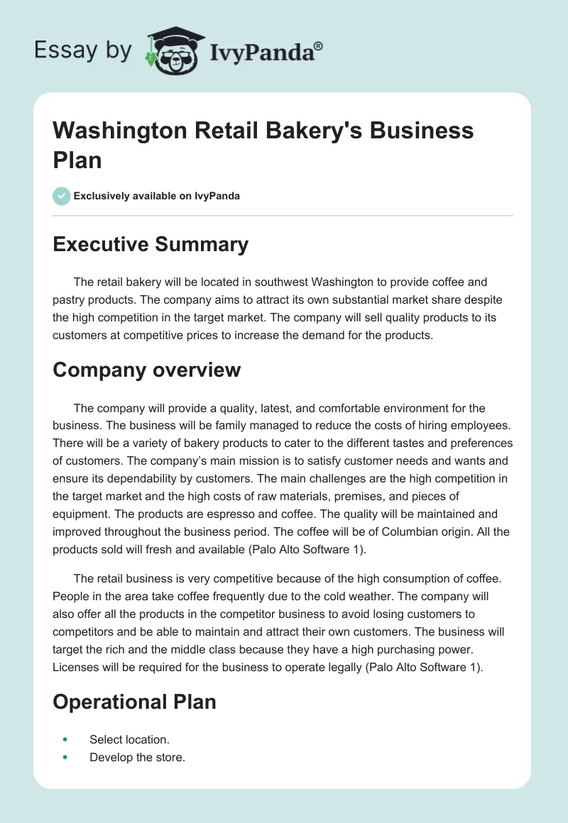 Washington Retail Bakery's Business Plan. Page 1