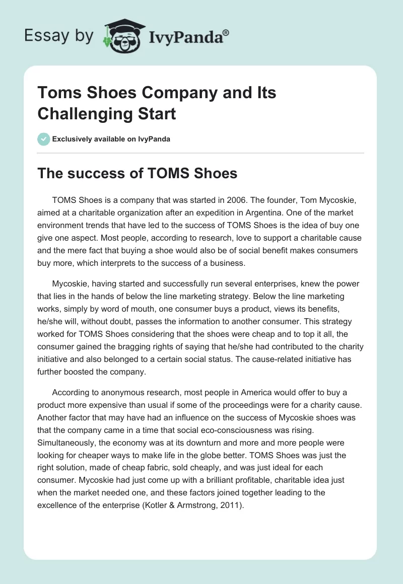 Toms Shoes Company and Its Challenging Start. Page 1