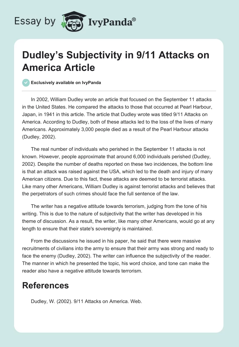 Dudley’s Subjectivity in "9/11 Attacks on America" Article. Page 1