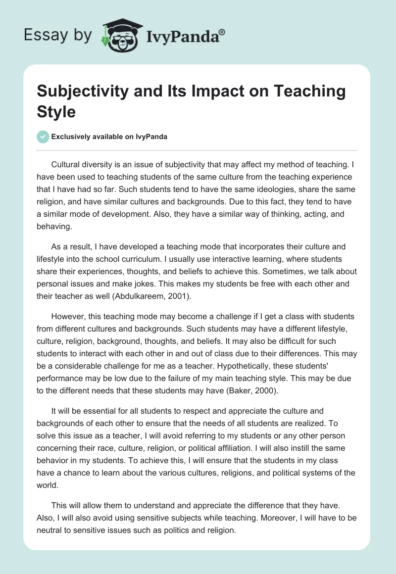Subjectivity and Its Impact on Teaching Style. Page 1
