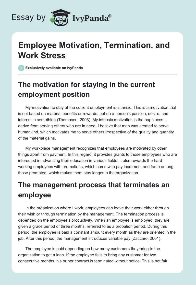 Employee Motivation, Termination, and Work Stress. Page 1