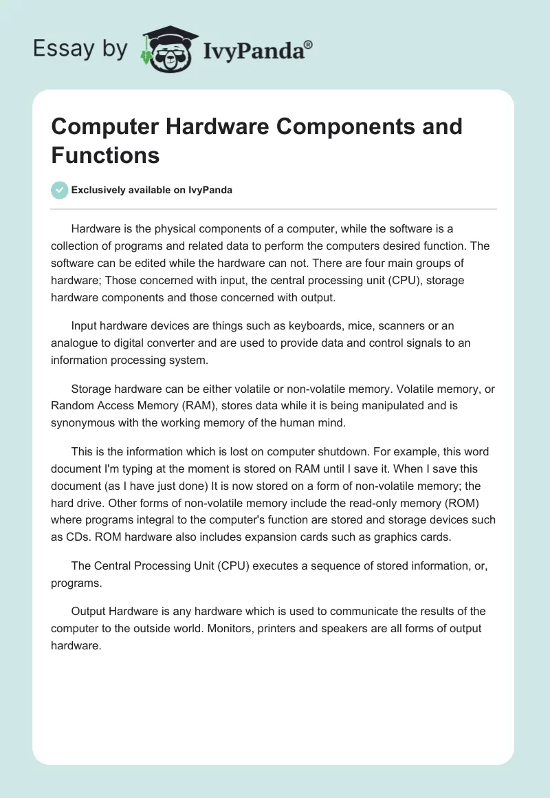 Computer Hardware Components and Functions. Page 1