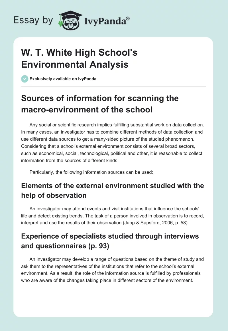 W. T. White High School's Environmental Analysis. Page 1