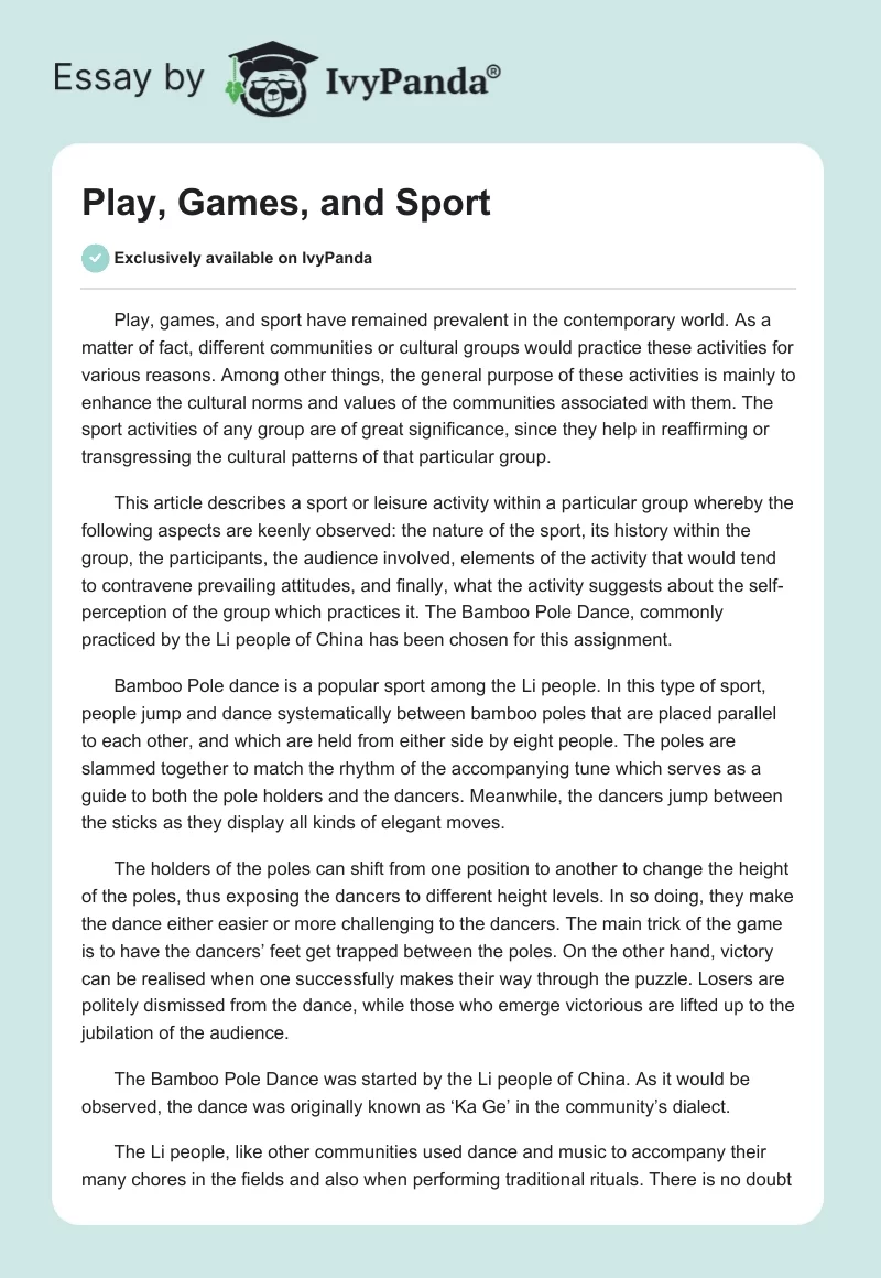 Play, Games, and Sport. Page 1