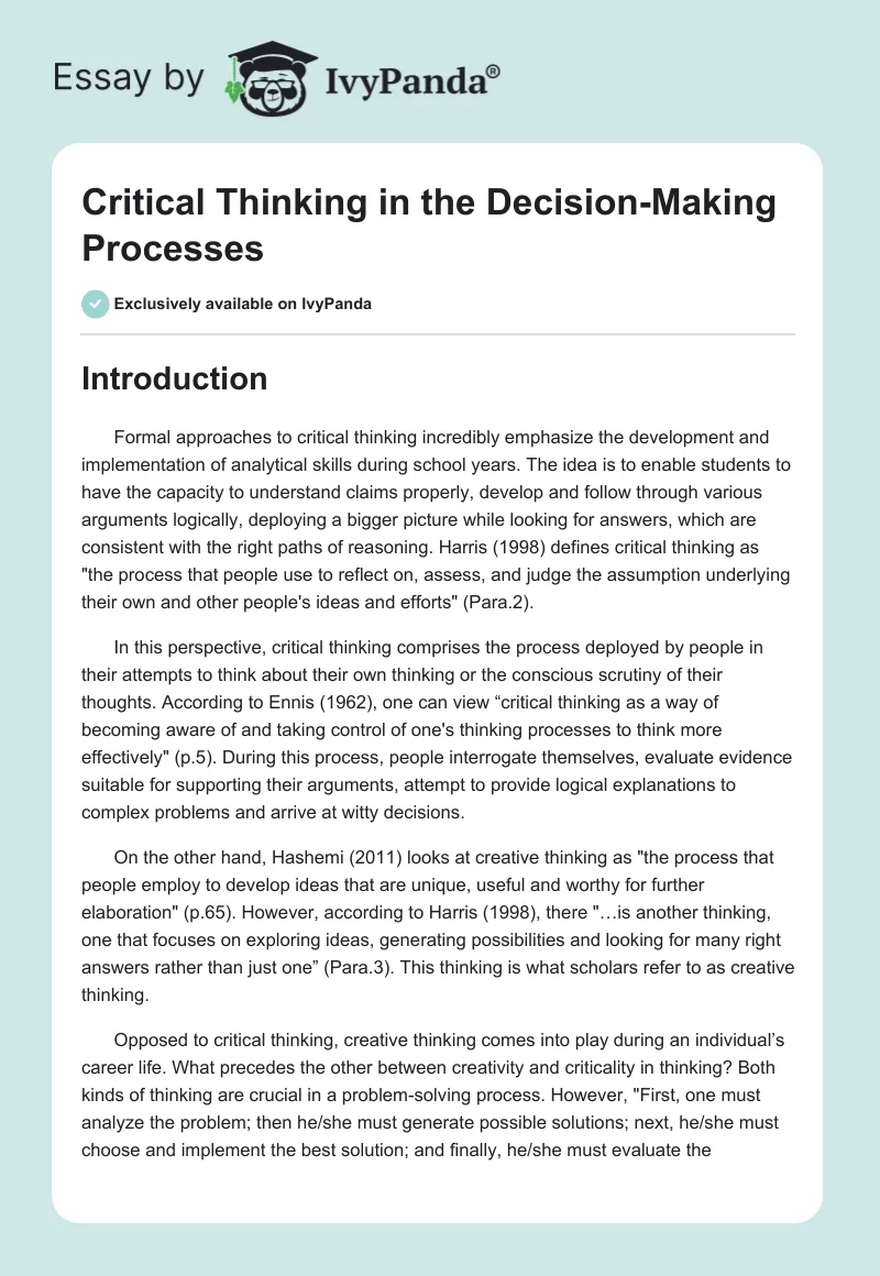 Critical Thinking in the Decision-Making Processes. Page 1