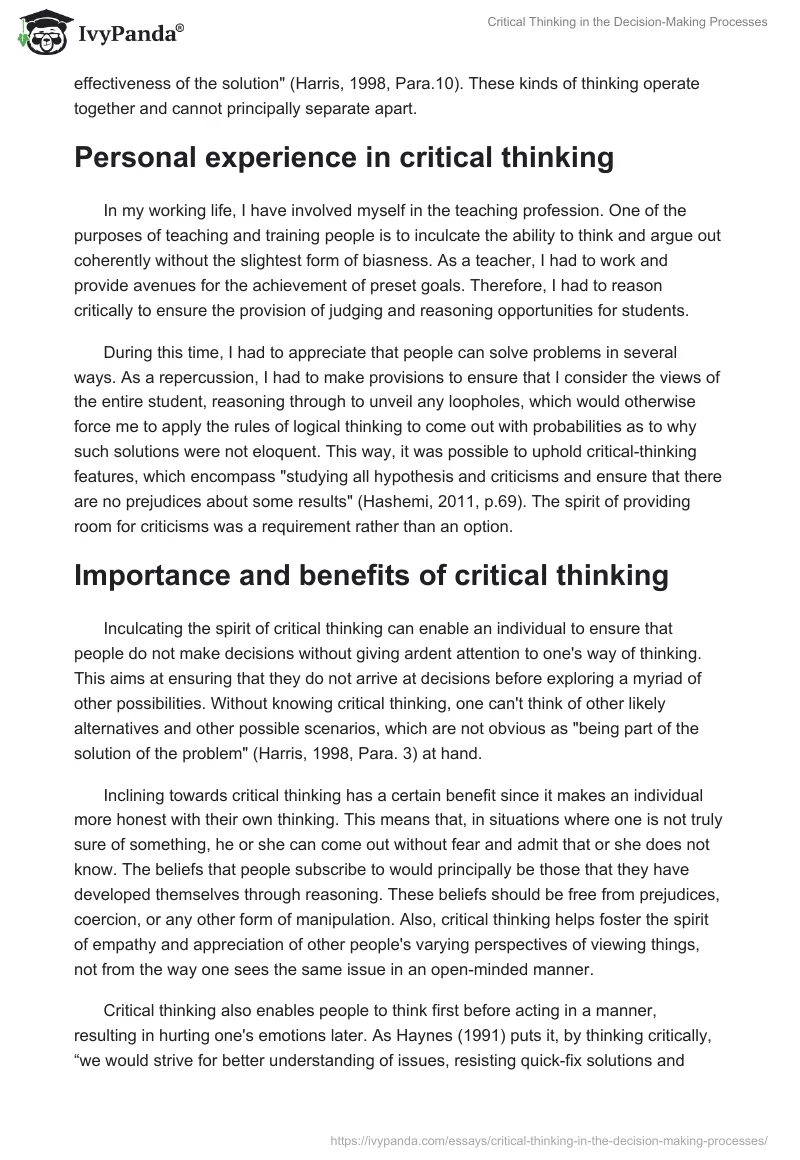 Critical Thinking in the Decision-Making Processes. Page 2