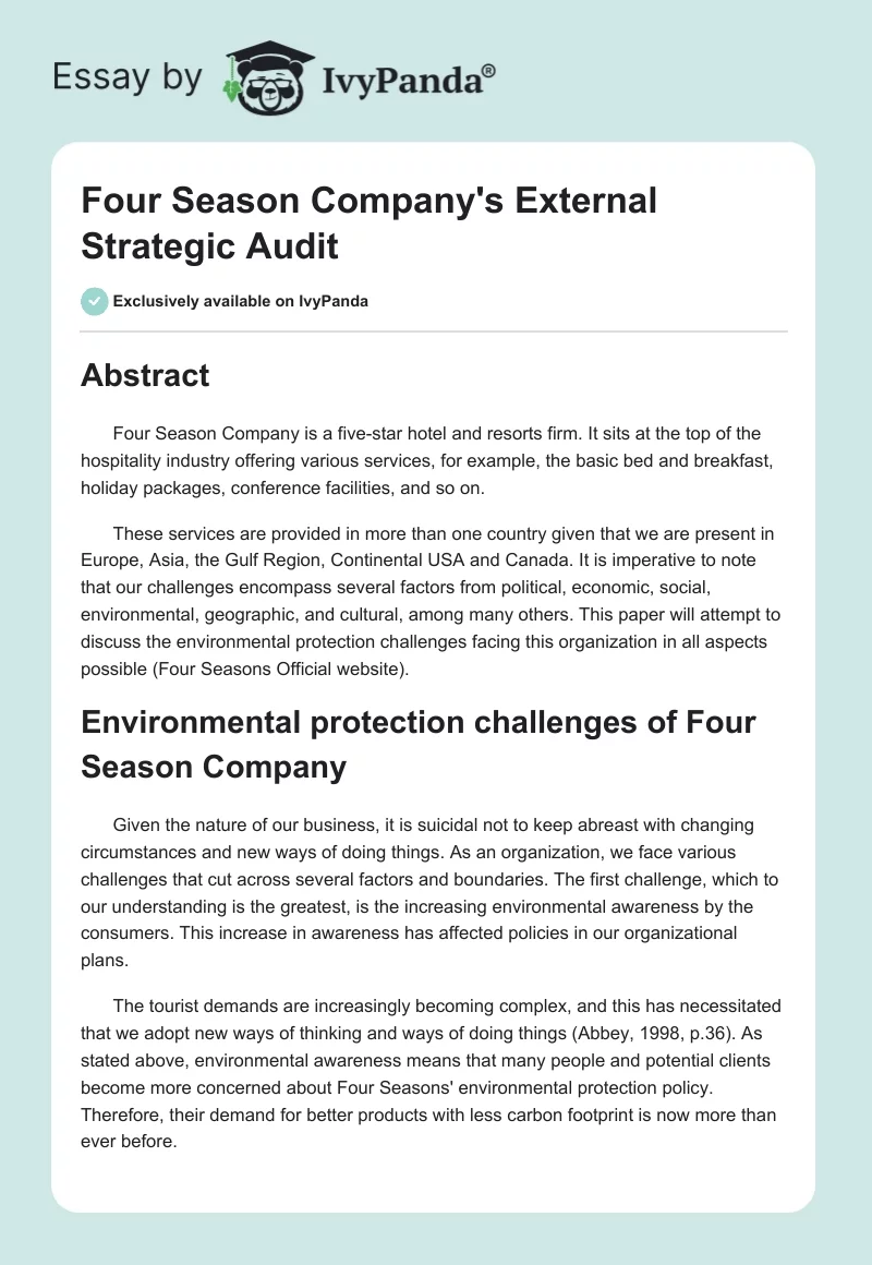 Four Season Company's External Strategic Audit. Page 1