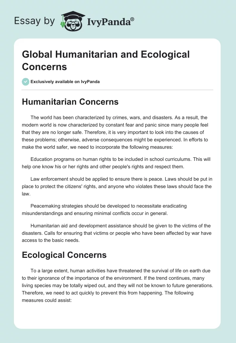 Global Humanitarian and Ecological Concerns. Page 1